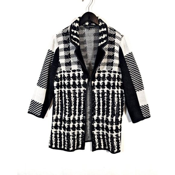 MING WANG Size M Open Front Longline Wool Cardigan Black Leather Trim Designer - Picture 1 of 8